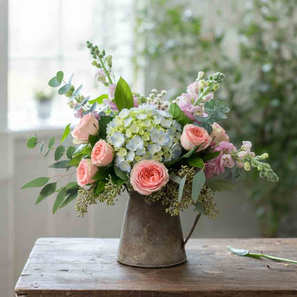 Pink roses and Hydrangea