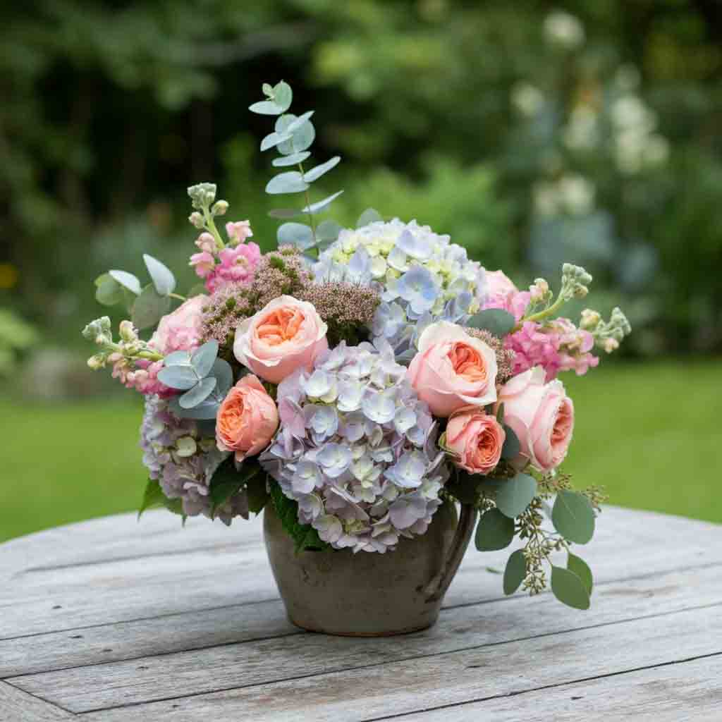 Hydrangea and Pink Roses Just Because Flowers