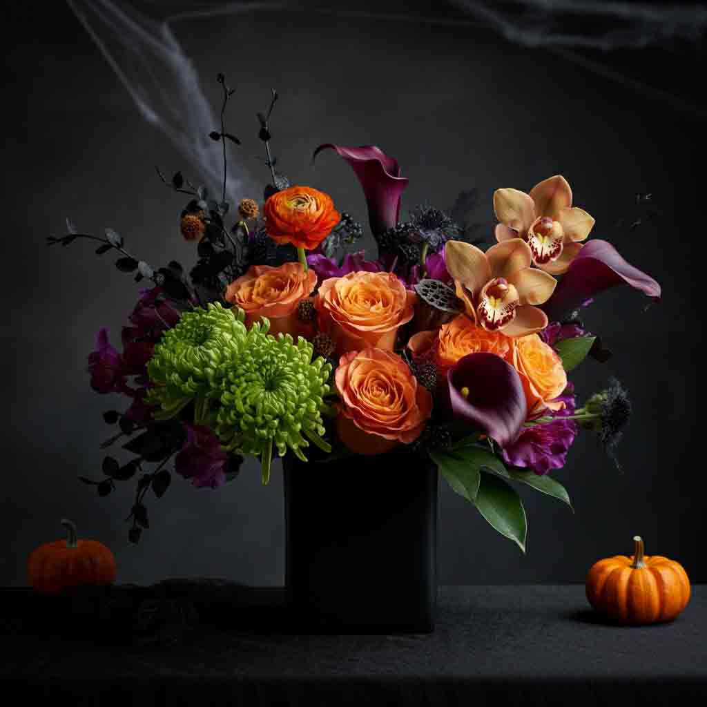 This Halloween designer's choice mix includes a variety of our freshest blooms that are in hues of green, yellow, orange, purple with black accents. These bold colors and unique shapes capture the playful and spooky essence of Halloween.